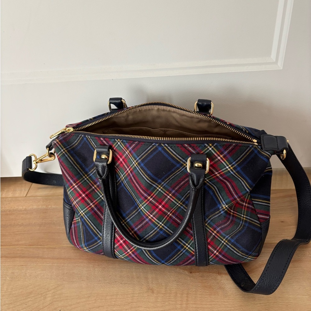 Plaid Handbag with Navy Straps